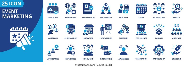 event marketing icon set collection in flat style. icon pack contain event, promotion, campaign, branding, engagement, audience, launch, exhibition, conference, sponsorship icon