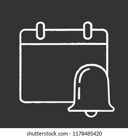 Event notification chalk icon. Calendar with bell. Reminder alarm. Isolated vector chalkboard illustration