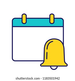 Event notification color icon. Calendar with bell. Reminder alarm. Isolated vector illustration