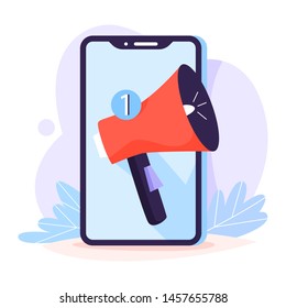 Event Notification Concept. Megaphone On The Mobile Phone Screen. Announcement And Advertising. Isolated Vector Illustration In Cartoon Style
