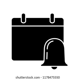 Event notification glyph icon. Silhouette symbol. Calendar with bell. Reminder alarm. Negative space. Vector isolated illustration