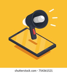 Event Notification, Media Advertising Vector Concept, Mobile Phone With Speaker Flat Isometric Illustration Isolated On Orange Background
