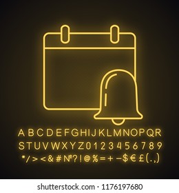 Event notification neon light icon. Calendar with bell. Reminder alarm. Glowing sign with alphabet, numbers and symbols. Vector isolated illustration