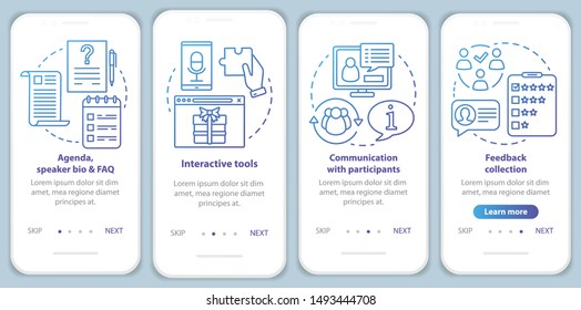 Event onboarding mobile app page screen with linear concepts. Interactive tools, communication with participants walkthrough steps graphic instructions. UX, UI, GUI vector template with illustrations