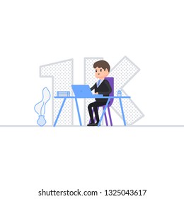 Event one thousand users, a blogger celebrates 1k subscribers, a businessman sits at a table in an office, social media, a character in a flat style