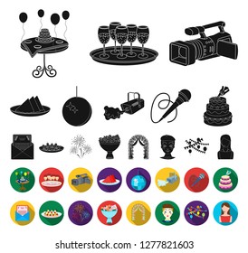 Event Organisation black,flat icons in set collection for design.Celebration and Attributes vector symbol stock web illustration.