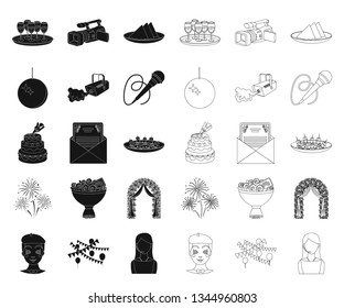 Event Organisation black,outline icons in set collection for design.Celebration and Attributes vector symbol stock web illustration.