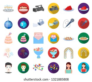 Event Organisation cartoon,flat icons in set collection for design.Celebration and Attributes vector symbol stock web illustration.