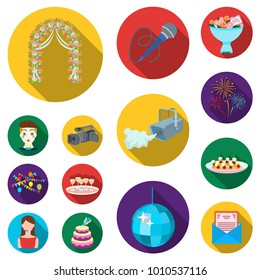 Event Organisation flat icons in set collection for design.Celebration and Attributes vector symbol stock web illustration.