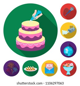 Event Organisation flat icons in set collection for design.Celebration and Attributes vector symbol stock web illustration.