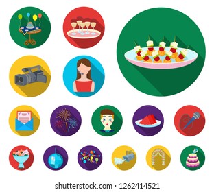 Event Organisation flat icons in set collection for design.Celebration and Attributes vector symbol stock web illustration.