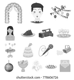 Event Organisation monochrome icons in set collection for design.Celebration and Attributes vector symbol stock web illustration.