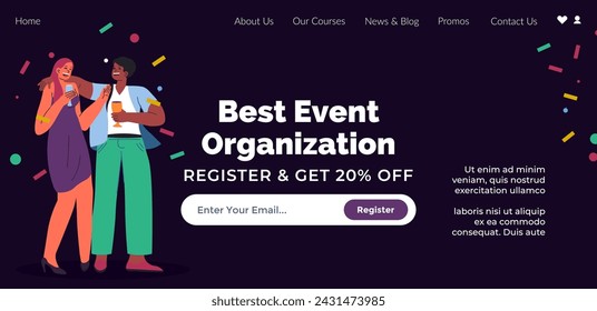 Event organization and party planning, celebration and special occasion. Register to get discount. People celebrating and drinking wine. Website landing page, internet site. Vector in flat style