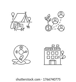 Conjunto de iconos lineales perfectos para píxel de organización de eventos. Acto especial para empleados corporativos. Símbolos de contorno de línea delgada personalizables. Ilustraciones aisladas del contorno vectorial. Trazo editable