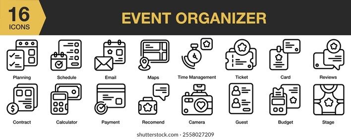Event Organizer icon set. Includes maps, email, ticket, card, camera, guest, budget, and More. Outline icons vector collection.
