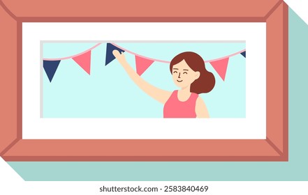 Event organizer preparing vibrant decorations, hanging colorful triangle flags on a string within a picture frame, creating a festive atmosphere for an upcoming celebration