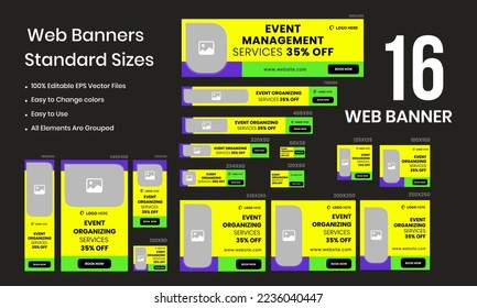 Banner del juego web de organización de eventos. Celebración u organización de reunión. Planificación de empresa por negocio. Medios masivos y publicaciones en medios sociales, anuncios de google