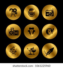 Event, party, award black and gold icons of set. Vector illustration