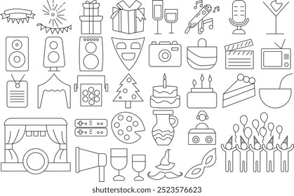 Event and party celebration icon set for logo and T-Shirt. Thin line art editable stroke.