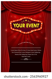 Event party ceremony with red curtain silk illustration and neon frame poster banner template