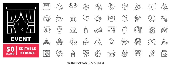 Event and party icons set. editable line icons, outline, celebration, festive symbols