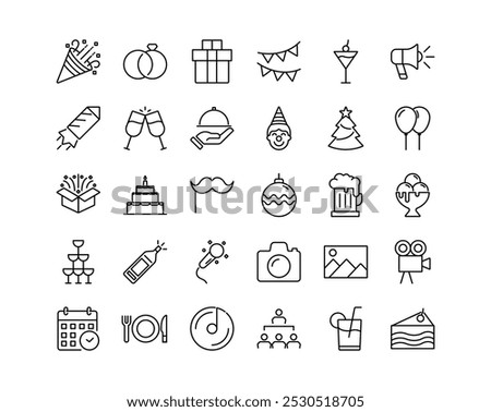 Event Party Line Editable Icons set. life music, Christmas, birthday, wedding party, and more. Vector illustration