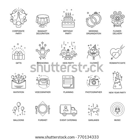Event and party line icons set for wedding, birthday or corporate entertainment service