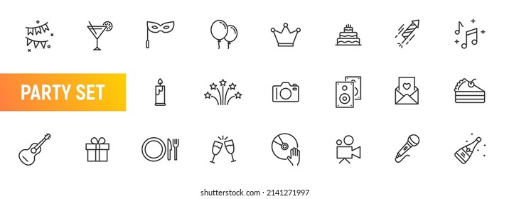 Event party line vector icon set. Happy music birthday outline dinner holiday icon confetti decoration sign