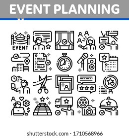 Event Party Planning Collection Icons Set Vector. Planning Travel And Delivery, Concert And Theater, Calendar, Photo Cards And Stopwatch Concept Linear Pictograms. Monochrome Contour Illustrations
