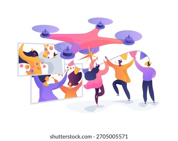 Event Photography Robot abstract concept vector illustration. Drone and ground robot team captures photos and videos of events from unique angles. abstract metaphor.