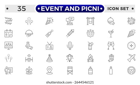 Event and Picnic Outline Icon Set – Food, Drinks, Outdoor Fun, and Festive Gatherings.
