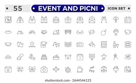 Event and Picnic Outline Icon Set – Food, Drinks, Outdoor Fun, and Festive Gatherings.
