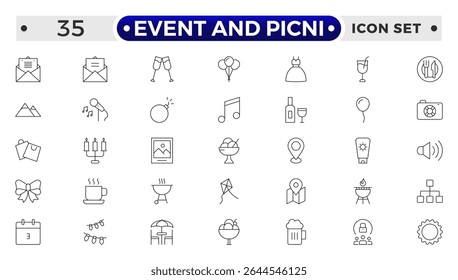 Event and Picnic Outline Icon Set – Food, Drinks, Outdoor Fun, and Festive Gatherings.
