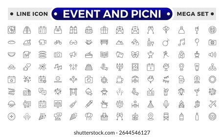 Event and Picnic Outline Icon Set – Food, Drinks, Outdoor Fun, and Festive Gatherings.
