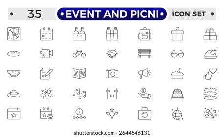 Event and Picnic Outline Icon Set – Food, Drinks, Outdoor Fun, and Festive Gatherings.
