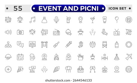 Event and Picnic Outline Icon Set – Food, Drinks, Outdoor Fun, and Festive Gatherings.
