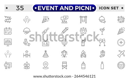 Event and Picnic Outline Icon Set – Food, Drinks, Outdoor Fun, and Festive Gatherings.
