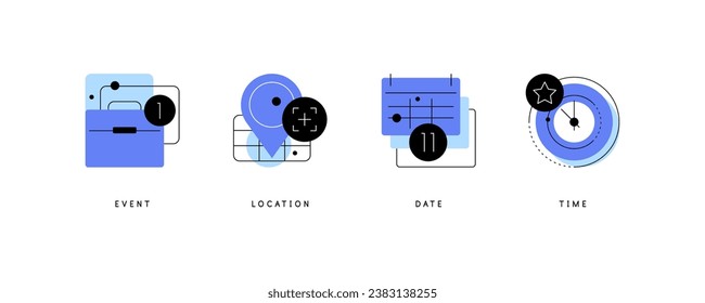 Event, place, date, time. Set of simple modern flat icons. Vector file.