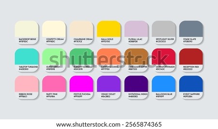 Event Planner Color Guide Palette with Color Names. Catalog Sample Event Planners with RGB HEX codes and Names. Colors Palette, Event Planner Color Palette, Fashion Trend Event Planner Color Palette
