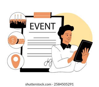 Event planner holding a tablet, organizing event details like budget, location, and theme on a clipboard. Modern style, white background, planning concept