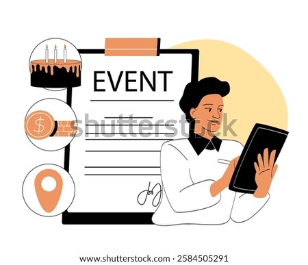 Event planner holding a tablet, organizing event details like budget, location, and theme on a clipboard. Modern style, white background, planning concept