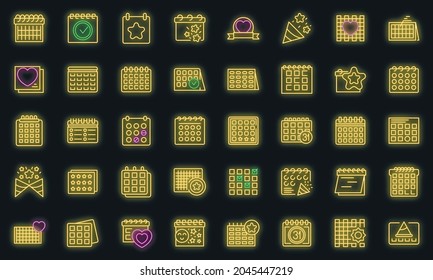 Iconos del planificador de eventos definidos. Conjunto de esquemas de iconos vectoriales del planificador de eventos color de neón en negro