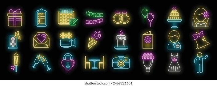 Event planner icons set outline vector. App calendar. Operation time neon color on black