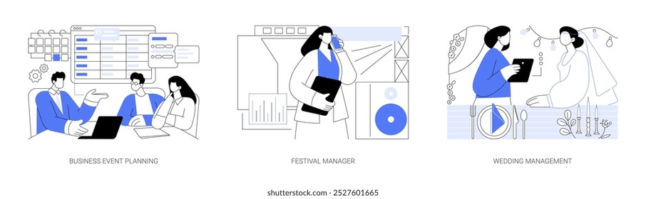O planejador de eventos isolou o conjunto de ilustrações de vetor de desenhos animados. Planejamento de eventos empresariais, gerente de festival, produtor de linha, resolver questões, gerenciamento de casamento, organizador conversando com o desenho animado vetor de noiva.