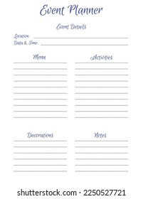 Event Planner Template. Laconic minimalis notepad page design. Vector illustration

