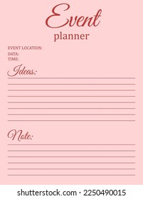 Event Planner Template. Minimalistic notebook page design. Vector illustration

