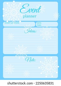 Event Planner Template. Snowflake pattern notebook page design. Vector illustration

