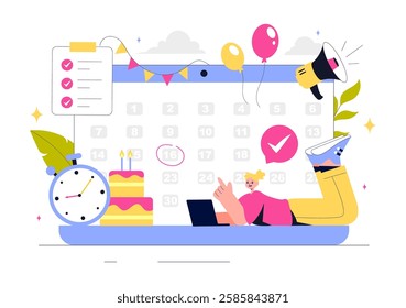 Event Planner Vector Illustration featuring Party Decorations, Scheduling, Time Management, Business Agenda, and a Calendar in a Flat Style Background