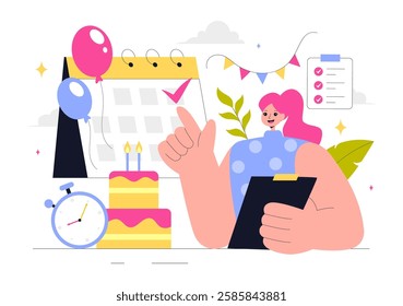 Event Planner Vector Illustration featuring Party Decorations, Scheduling, Time Management, Business Agenda, and a Calendar in a Flat Style Background