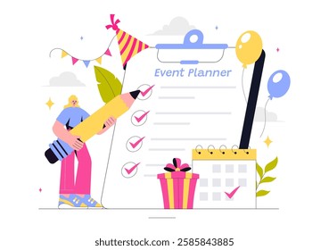 Event Planner Vector Illustration featuring Party Decorations, Scheduling, Time Management, Business Agenda, and a Calendar in a Flat Style Background